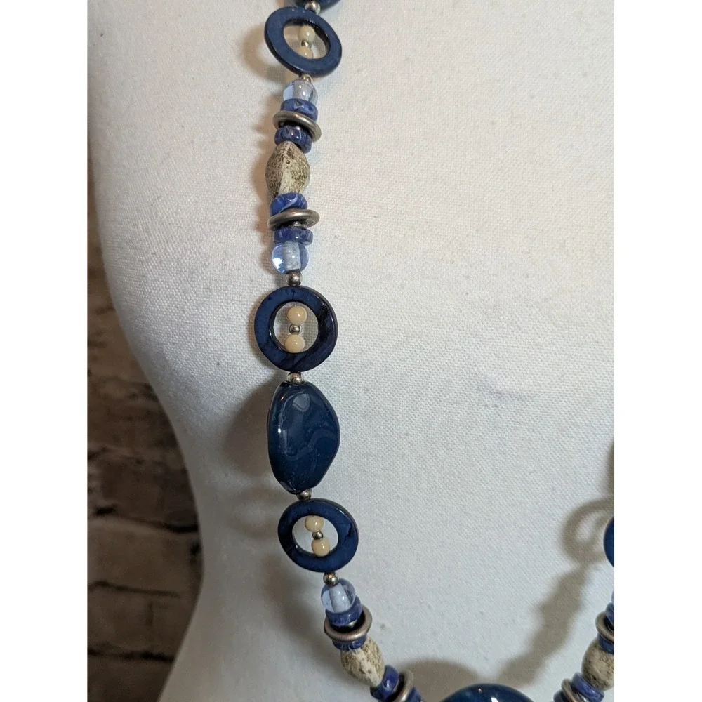 Long Artsy Beaded Necklace In Midnight Blue & Earthy Cream Colors Abstract 32